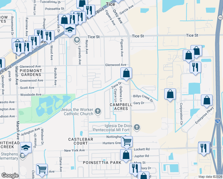 map of restaurants, bars, coffee shops, grocery stores, and more near 740 Cayce Lane in Fort Myers