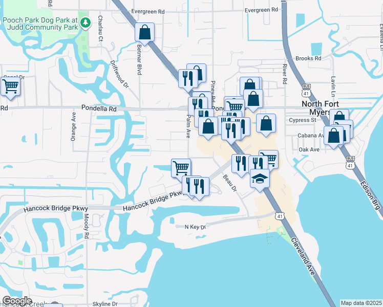 map of restaurants, bars, coffee shops, grocery stores, and more near 1124 Palm Avenue in North Fort Myers