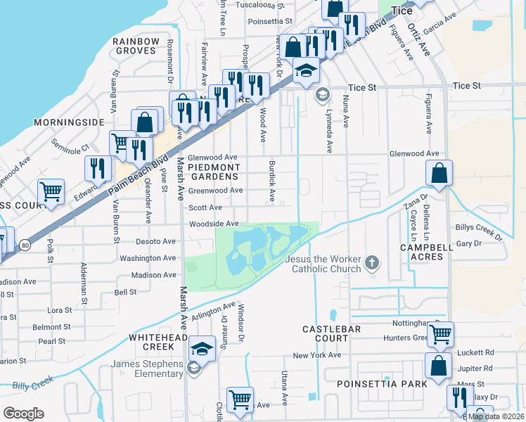 map of restaurants, bars, coffee shops, grocery stores, and more near 4422 Scott Avenue in Fort Myers