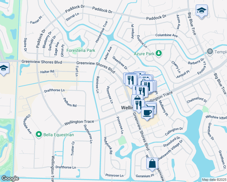 map of restaurants, bars, coffee shops, grocery stores, and more near 1231 Periwinkle Place in Wellington
