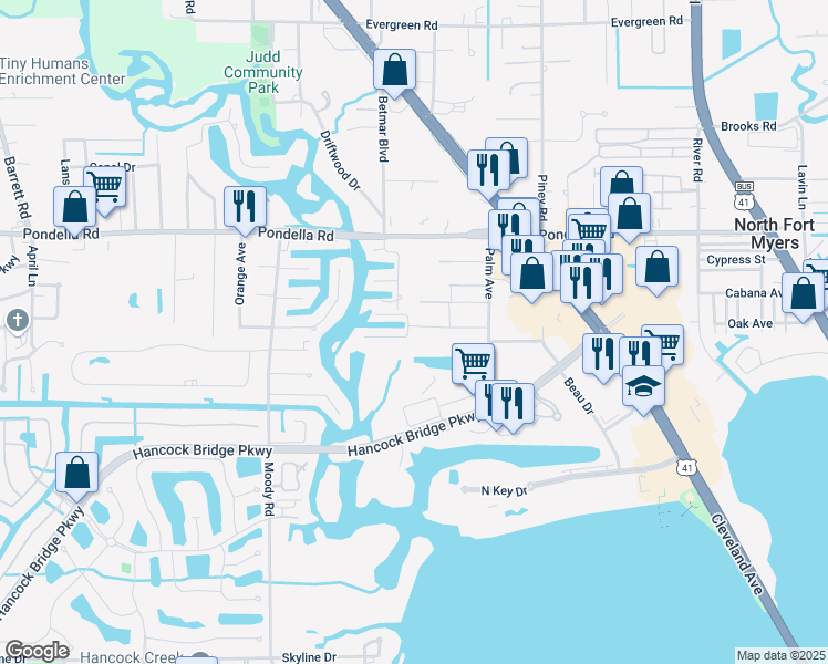 map of restaurants, bars, coffee shops, grocery stores, and more near 8121 Cleaves Road in North Fort Myers