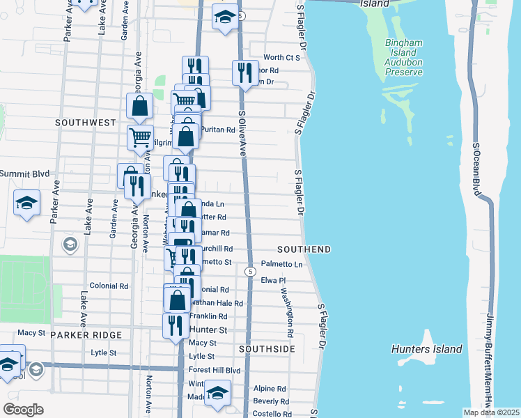 map of restaurants, bars, coffee shops, grocery stores, and more near 232 Linda Lane in West Palm Beach