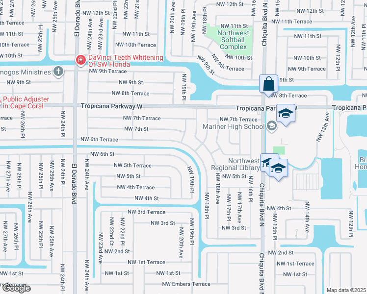 map of restaurants, bars, coffee shops, grocery stores, and more near 1912 Northwest 6th Terrace in Cape Coral
