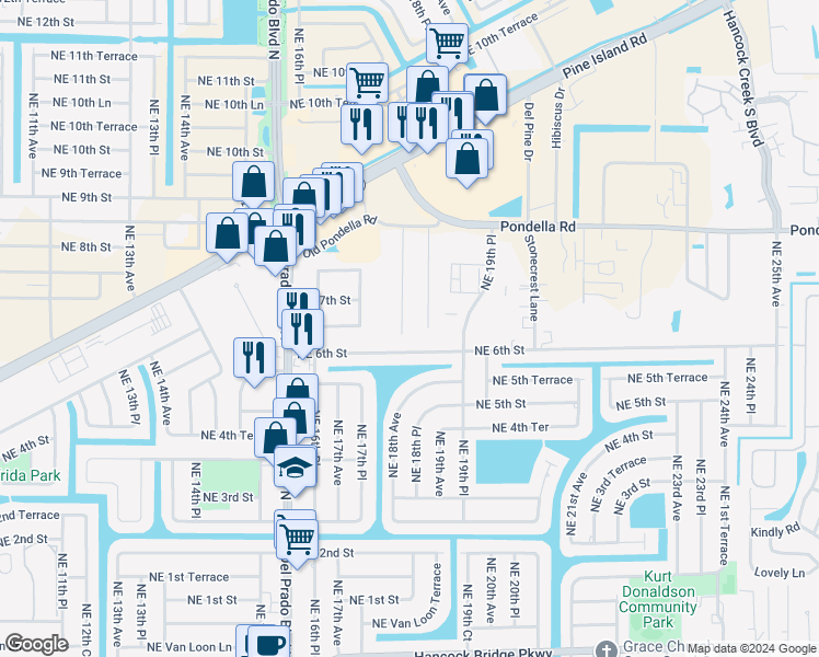 map of restaurants, bars, coffee shops, grocery stores, and more near 1120 Alabar Lane in Cape Coral
