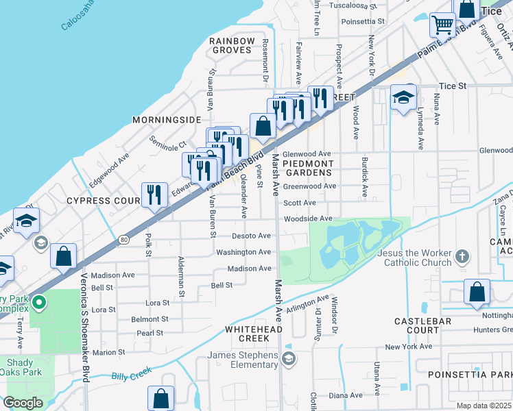 map of restaurants, bars, coffee shops, grocery stores, and more near 740 Pine Street in Fort Myers