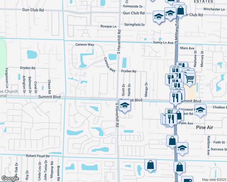 map of restaurants, bars, coffee shops, grocery stores, and more near 850 Hill Drive in West Palm Beach