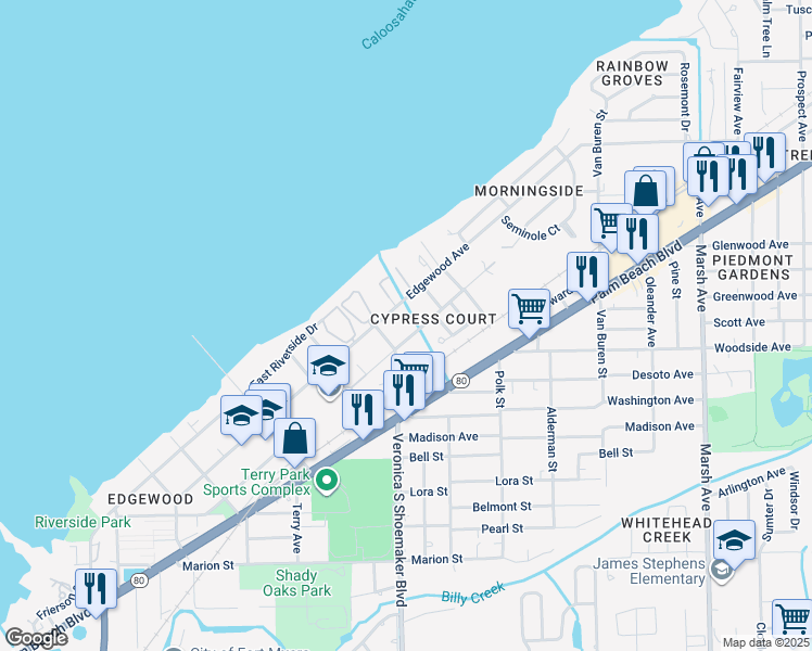 map of restaurants, bars, coffee shops, grocery stores, and more near 3639 Seminole Avenue in Fort Myers