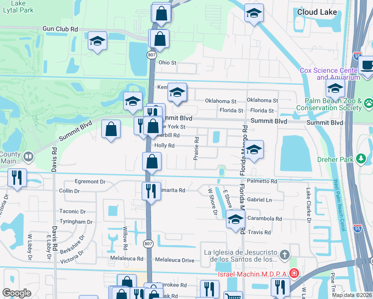 map of restaurants, bars, coffee shops, grocery stores, and more near 2790 Holly Road in West Palm Beach