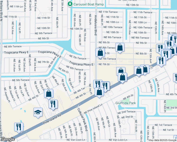 map of restaurants, bars, coffee shops, grocery stores, and more near 642 Northeast 7th Place in Cape Coral