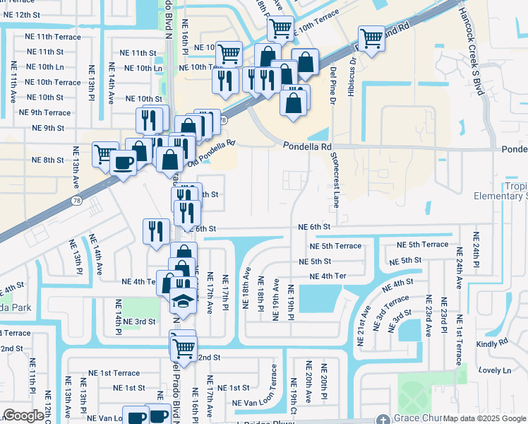 map of restaurants, bars, coffee shops, grocery stores, and more near 1120 Alabar Lane in Cape Coral