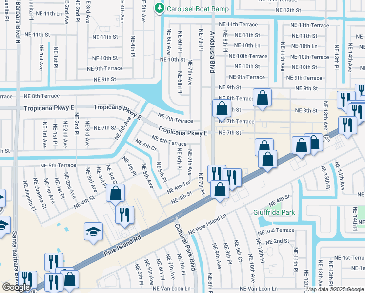 map of restaurants, bars, coffee shops, grocery stores, and more near 643 Northeast 6th Place in Cape Coral
