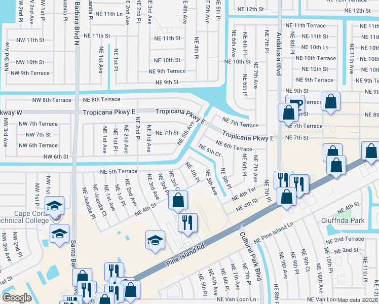 map of restaurants, bars, coffee shops, grocery stores, and more near 509 Northeast 5th Court in Cape Coral