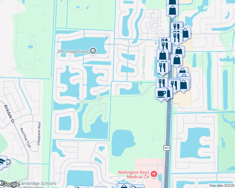 map of restaurants, bars, coffee shops, grocery stores, and more near 1228 Creekside Drive in Wellington
