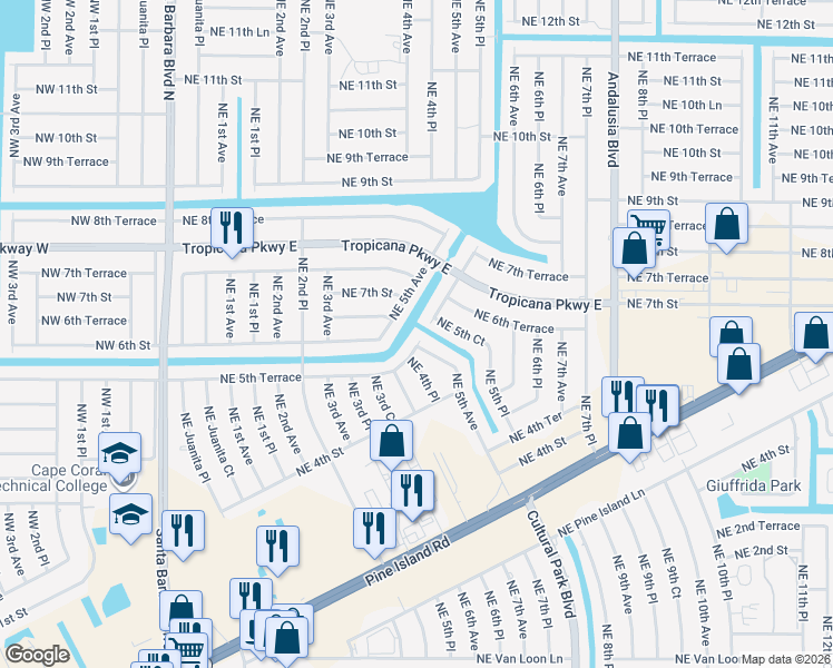 map of restaurants, bars, coffee shops, grocery stores, and more near 509 Northeast 5th Court in Cape Coral
