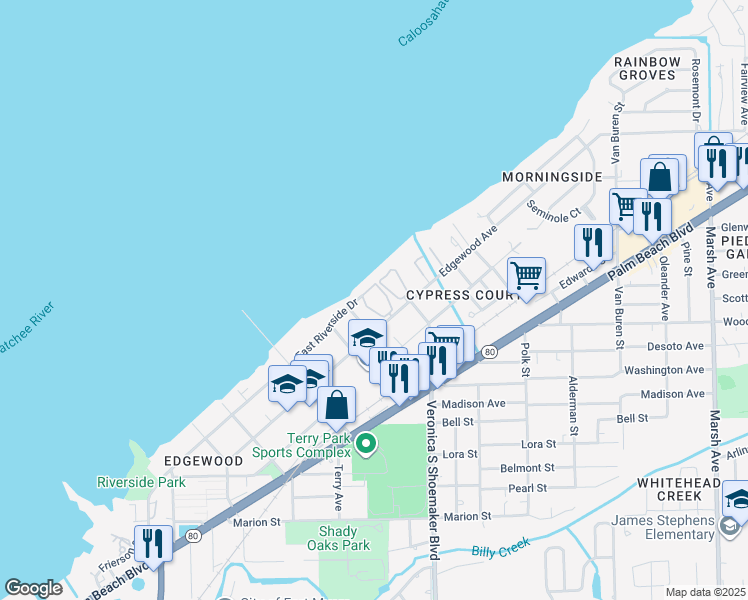 map of restaurants, bars, coffee shops, grocery stores, and more near 3601 Edgewood Ave in Fort Myers