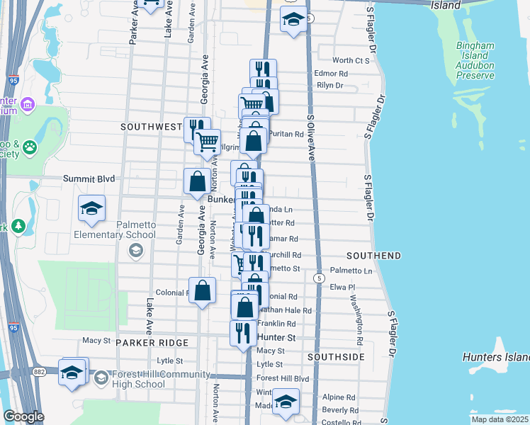 map of restaurants, bars, coffee shops, grocery stores, and more near 380 Linda Lane in West Palm Beach