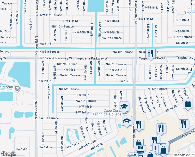 map of restaurants, bars, coffee shops, grocery stores, and more near 610 Northwest 3rd Avenue in Cape Coral