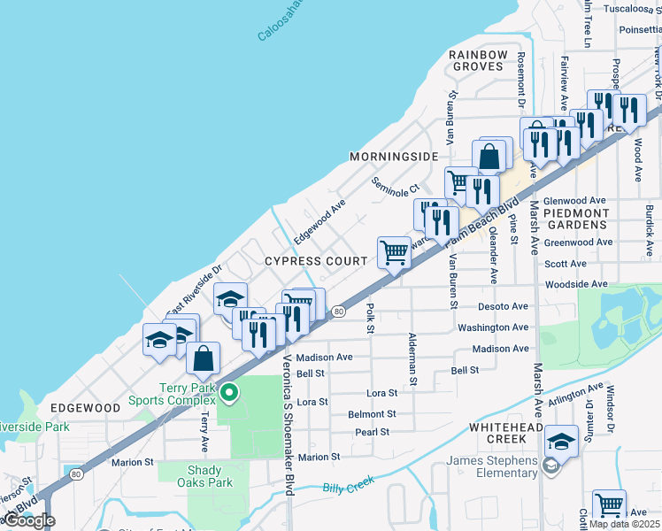 map of restaurants, bars, coffee shops, grocery stores, and more near 725 Duffy Street in Fort Myers