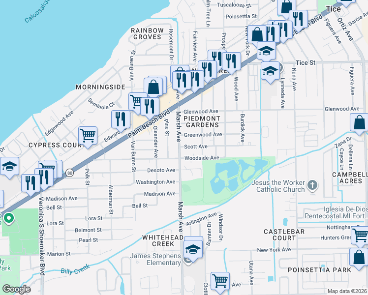 map of restaurants, bars, coffee shops, grocery stores, and more near 4222 Scott Avenue in Fort Myers