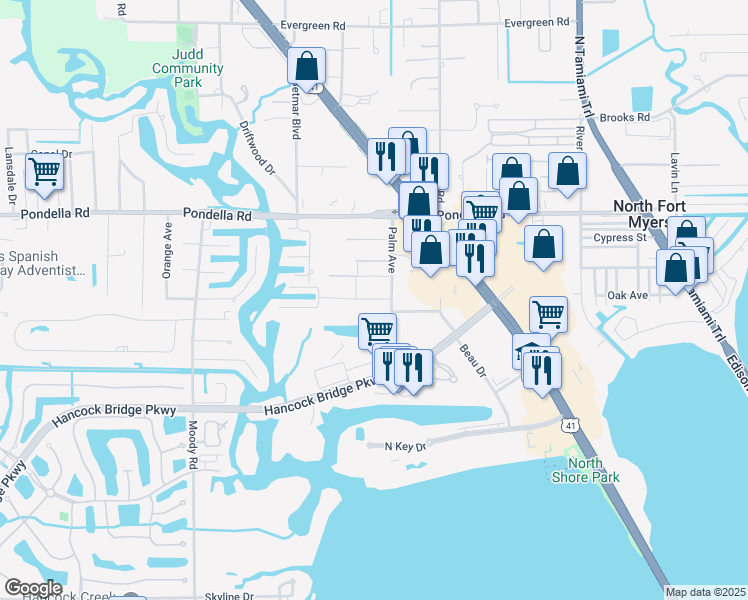 map of restaurants, bars, coffee shops, grocery stores, and more near 308 Cleaves Road in North Fort Myers