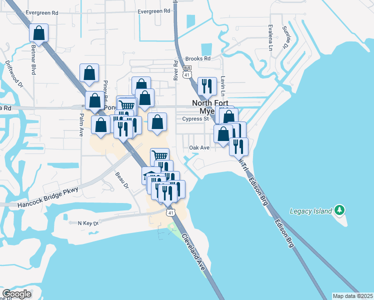 map of restaurants, bars, coffee shops, grocery stores, and more near 91 Oak Street in North Fort Myers
