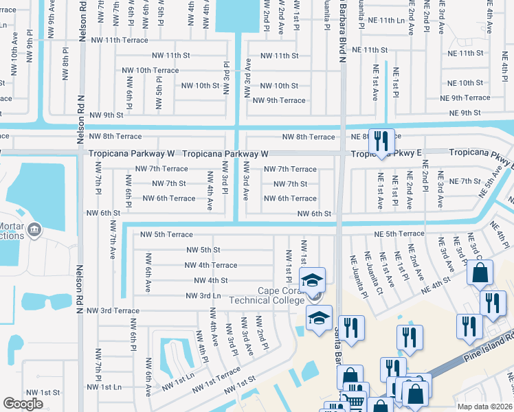 map of restaurants, bars, coffee shops, grocery stores, and more near 604 Northwest 2nd Place in Cape Coral