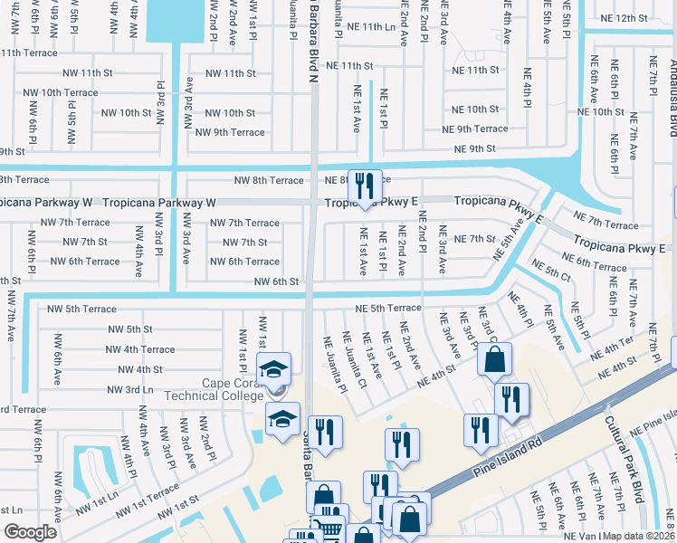 map of restaurants, bars, coffee shops, grocery stores, and more near 618 Northeast Juanita Court in Cape Coral