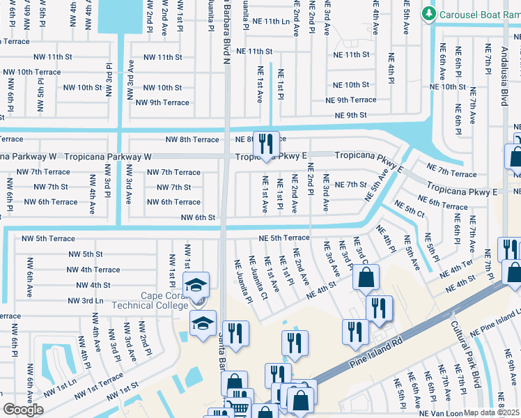 map of restaurants, bars, coffee shops, grocery stores, and more near 618 Northeast 1st Avenue in Cape Coral