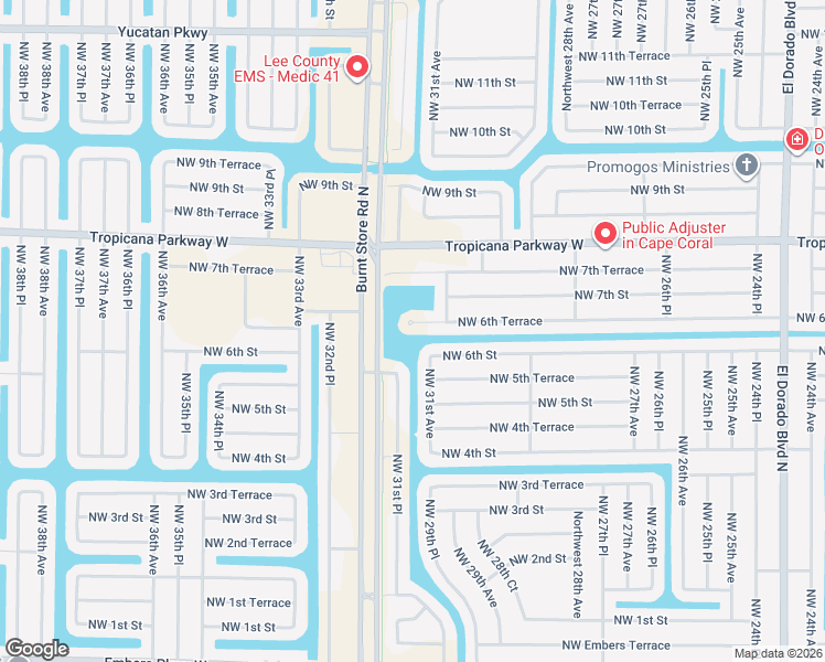 map of restaurants, bars, coffee shops, grocery stores, and more near 3020 Northwest 6th Terrace in Cape Coral