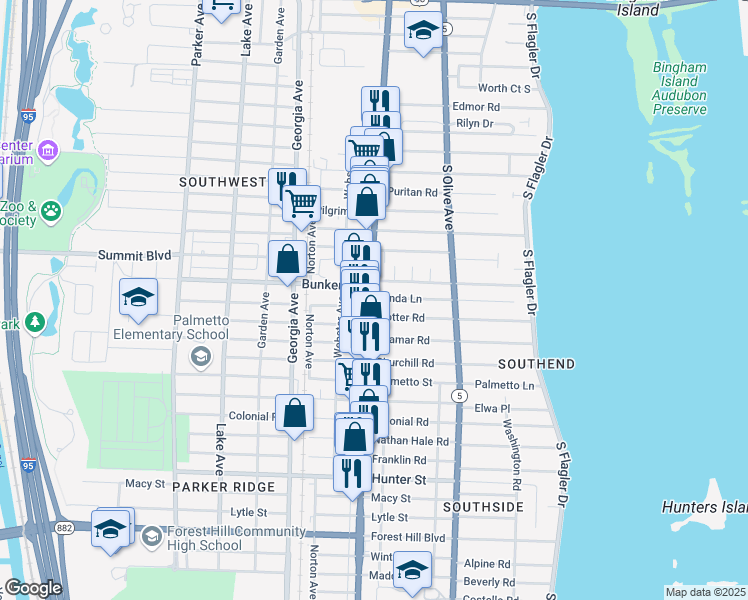 map of restaurants, bars, coffee shops, grocery stores, and more near 380 Linda Lane in West Palm Beach