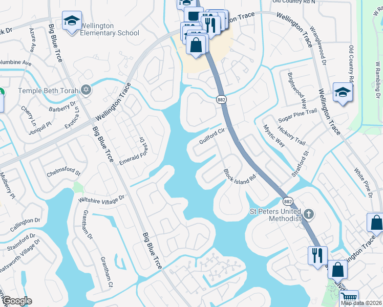 map of restaurants, bars, coffee shops, grocery stores, and more near 12853 Guilford Circle in Wellington