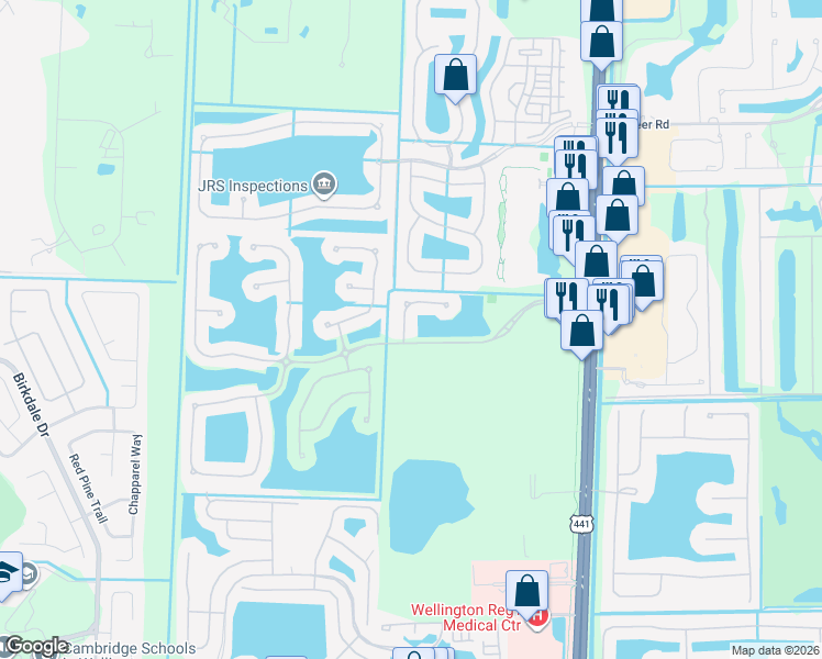 map of restaurants, bars, coffee shops, grocery stores, and more near 1228 Creekside Drive in Wellington