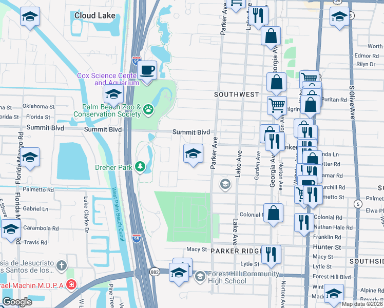 map of restaurants, bars, coffee shops, grocery stores, and more near 5516 Columbus Road in West Palm Beach