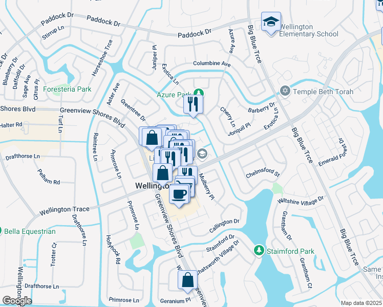 map of restaurants, bars, coffee shops, grocery stores, and more near 13787 Sunflower Court in Wellington