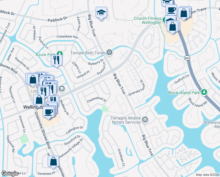 map of restaurants, bars, coffee shops, grocery stores, and more near 13382 Northumberland Circle in Wellington