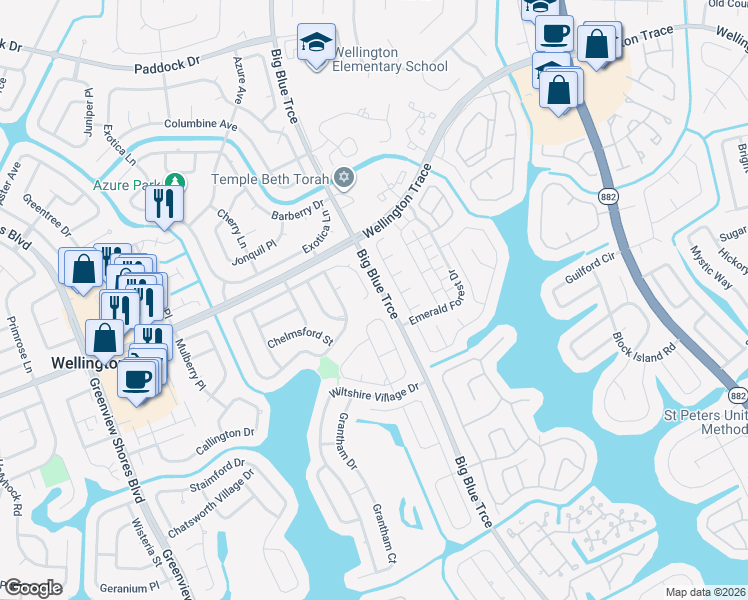 map of restaurants, bars, coffee shops, grocery stores, and more near 1128 Northumberland Court in Wellington