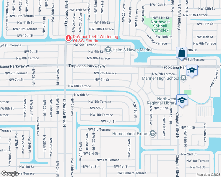map of restaurants, bars, coffee shops, grocery stores, and more near 2042 Northwest 6th Terrace in Cape Coral