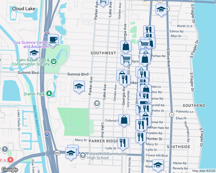 map of restaurants, bars, coffee shops, grocery stores, and more near 717 Fernwood Drive in West Palm Beach