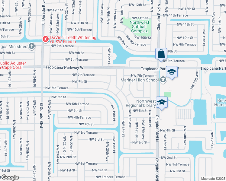 map of restaurants, bars, coffee shops, grocery stores, and more near 1912 Northwest 6th Terrace in Cape Coral