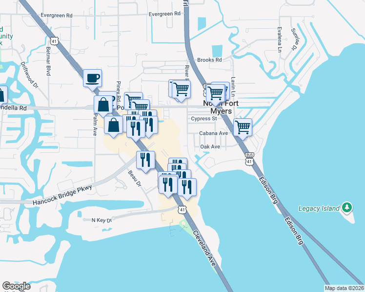 map of restaurants, bars, coffee shops, grocery stores, and more near 1127 River Road in North Fort Myers