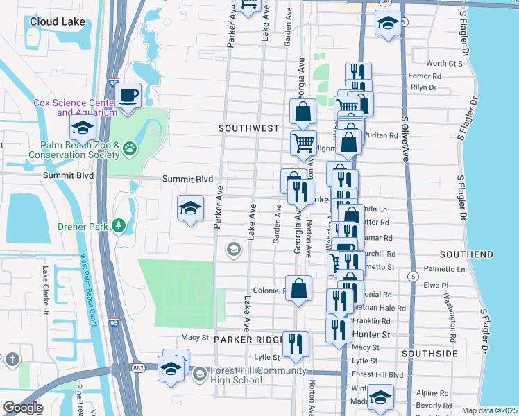 map of restaurants, bars, coffee shops, grocery stores, and more near 717 Fernwood Drive in West Palm Beach