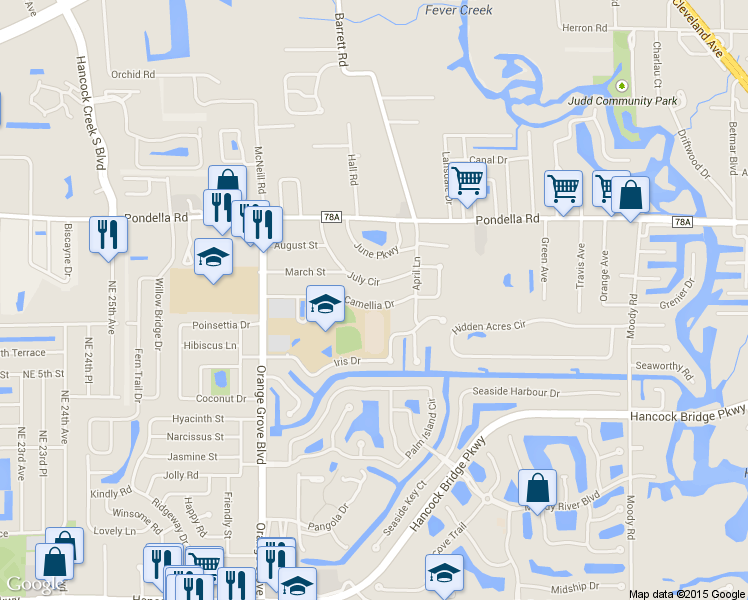 map of restaurants, bars, coffee shops, grocery stores, and more near 730 Camellia Drive in North Fort Myers
