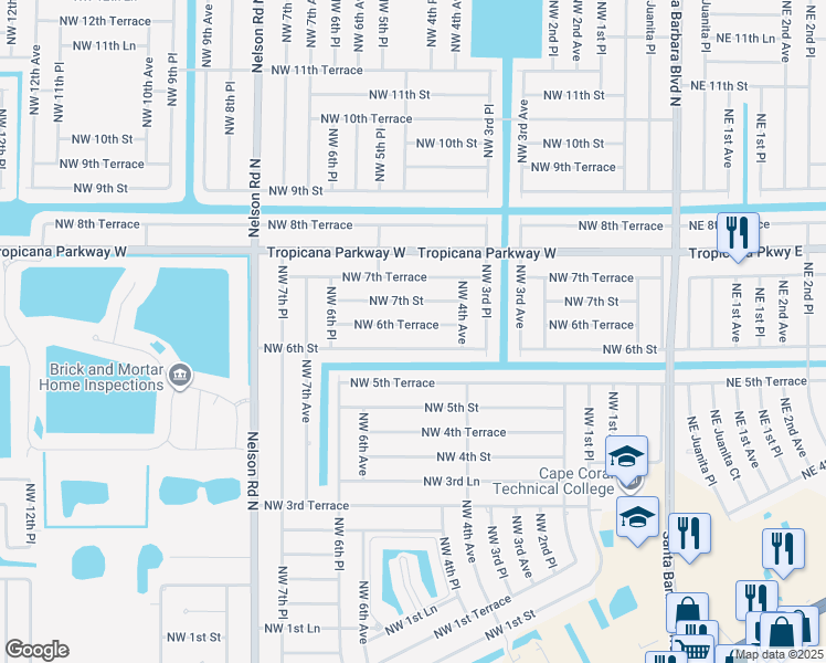 map of restaurants, bars, coffee shops, grocery stores, and more near 423 Northwest 6th Street in Cape Coral