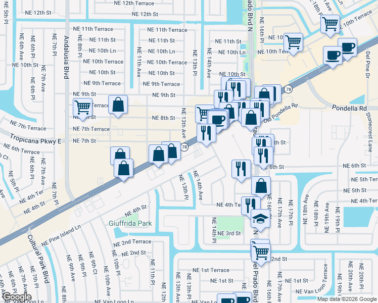 map of restaurants, bars, coffee shops, grocery stores, and more near 10 Pine Island Road in Cape Coral