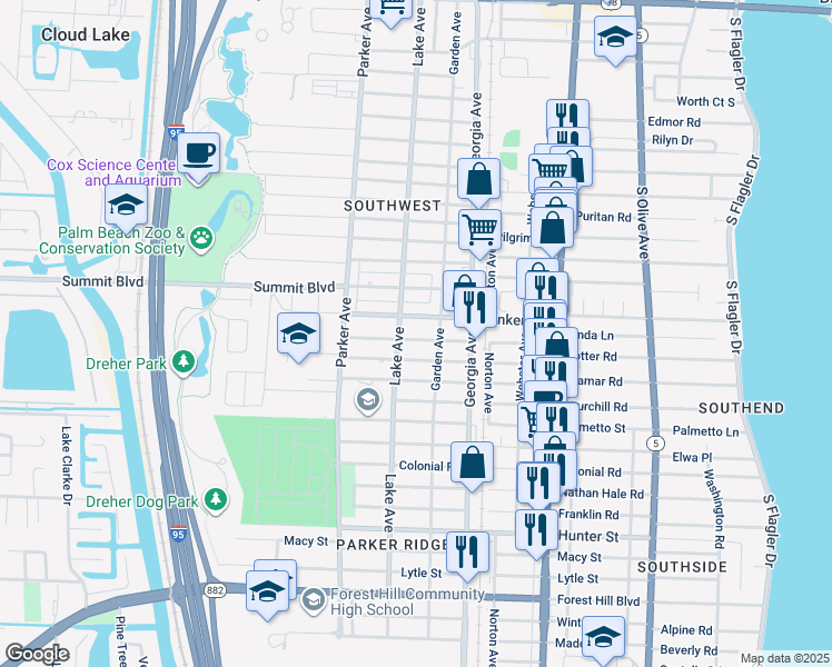 map of restaurants, bars, coffee shops, grocery stores, and more near 717 Fernwood Drive in West Palm Beach