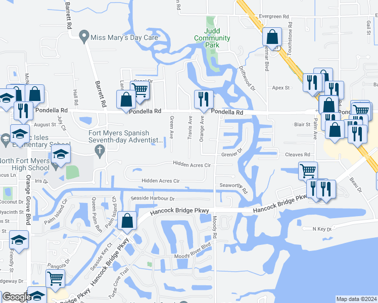 map of restaurants, bars, coffee shops, grocery stores, and more near 1130 Travis Avenue in North Fort Myers