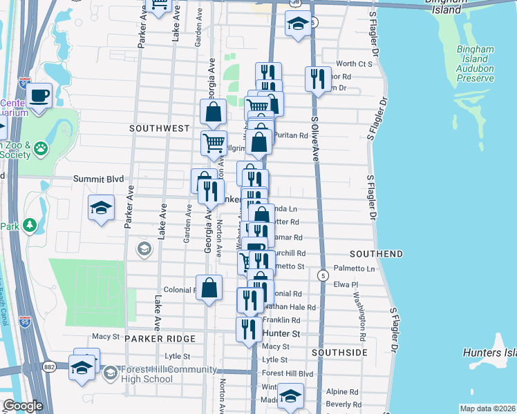 map of restaurants, bars, coffee shops, grocery stores, and more near 5505 South Dixie Highway in West Palm Beach