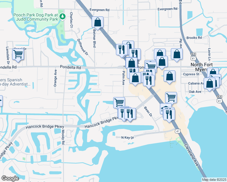 map of restaurants, bars, coffee shops, grocery stores, and more near 308 Cleaves Road in North Fort Myers