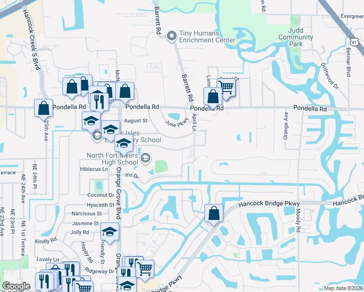 map of restaurants, bars, coffee shops, grocery stores, and more near 730 Camellia Drive in North Fort Myers