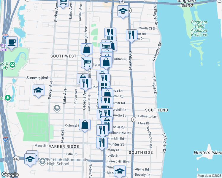 map of restaurants, bars, coffee shops, grocery stores, and more near 385 Linda Lane in West Palm Beach